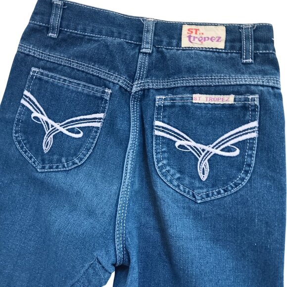 Vintage Girls Jeans 10 24x20 1980's Embroidered Disco Pockets Distress Repair - Picture 1 of 8